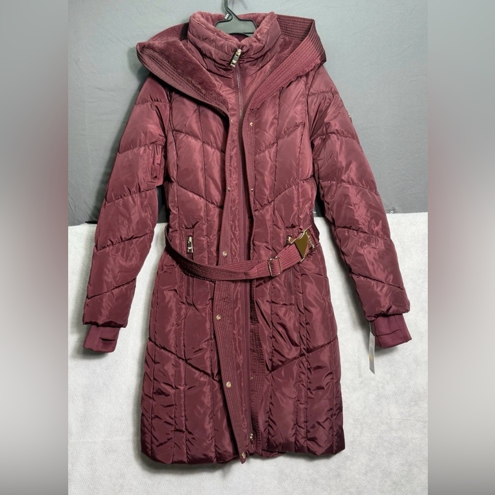 Michael Kors Quilted Belted Long Puffer Coat - Wine